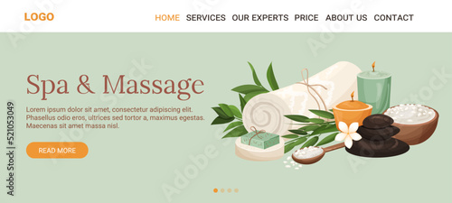 Landing page spa or beauty salon vector template. Towel with candles, black hot stone, sea salt. Hot stone massage service. Beauty spa treatment and relaxation concept photo