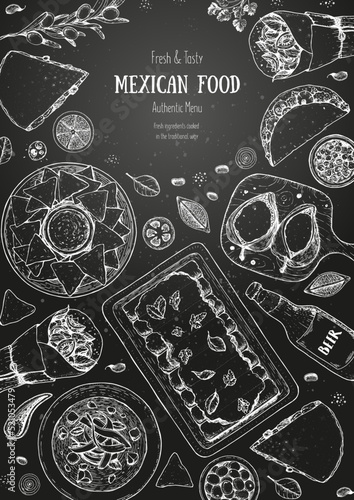 Mexican food top view frame. A set of classic mexican dishes with tacos, burrito, nachos, enchiladas poblano. Food menu design template. Vintage hand drawn sketch vector illustration. Mexican cuisine.