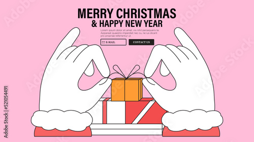 Christmas banner with Santa Claus hands packing presents. Seasonal sale or online delivery gifts concept for website, landing page or social media greeting campaign. Secret santa poster, card.