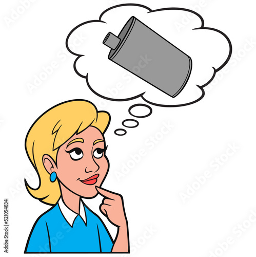 Girl thinking about a Car Muffler - A cartoon illustration of a Girl thinking about a new Car Muffler.