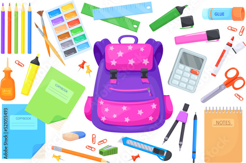 Schoolbag supplies. Innovative school stationery kids learning, itemized object tiny accessories cartoon satchel paint stationary calculator paper pencil, neat vector illustration