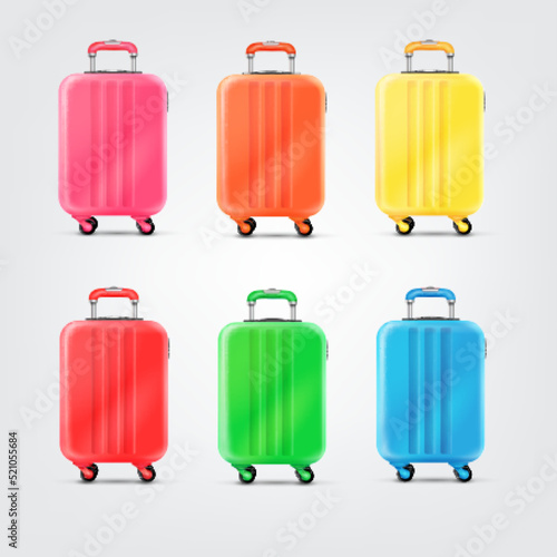 Color realistic luggages. 3d luggage on wheels for travel trip, carry traveler suitcase isolated plastic baggage trolley trolley journey colored case bag, tidy vector illustration