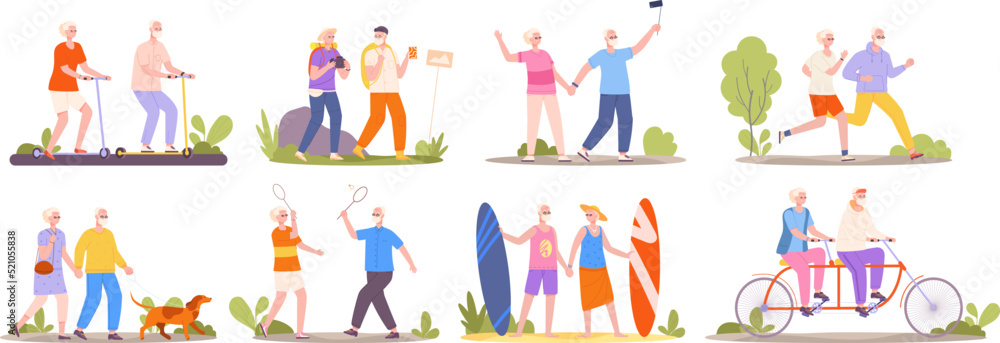 Fototapeta premium Seniors couple activities. Old people active lifestyle happy grandparents travel activity elderly walking dog cycling retirement older sport exercise, splendid vector illustration