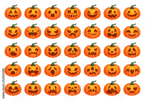 Pumpkin emoji. Halloween cartoon pumpkins carved face, helloween happy emotions, smiling funny mask, cute stickers, scary faces, set orange evil icons ingenious vector illustration