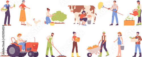 Farm job characters. Farmer domestication rural animals, man in agriculture worker uniform with bucket or basket, agronomist garden work farming job, garish vector illustration