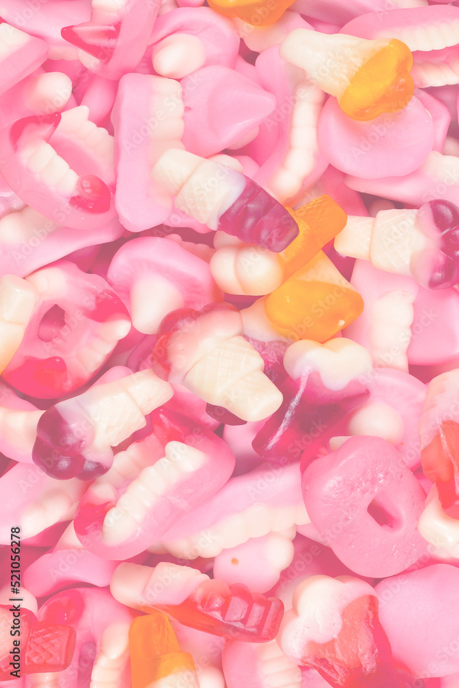 Assorted gummy candies. Top view. Jelly sweets. Assorted gummy candies. Top view. Jelly sweets.