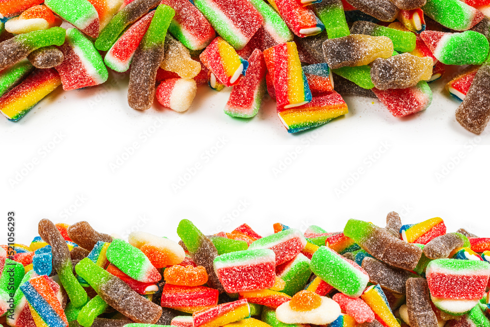 Assorted gummy candies. Top view. Jelly sweets. Assorted gummy candies. Top view. Jelly sweets.