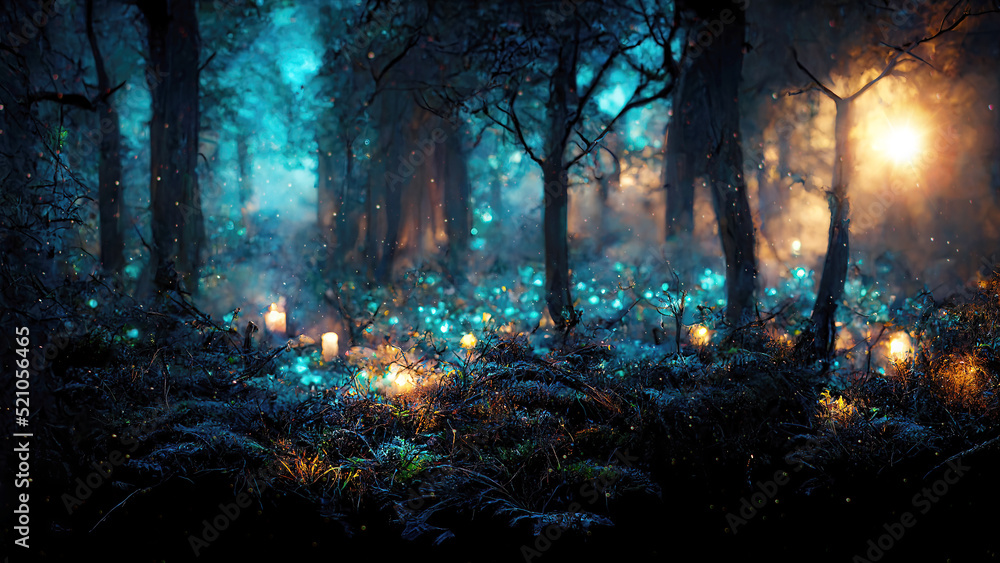 Magical fairy tale forest landscape background with glowing lights