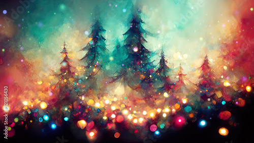 Magical forest with christmas trees and glowing lights photo