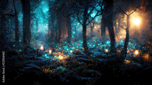 Magical fairy tale forest landscape background with glowing lights