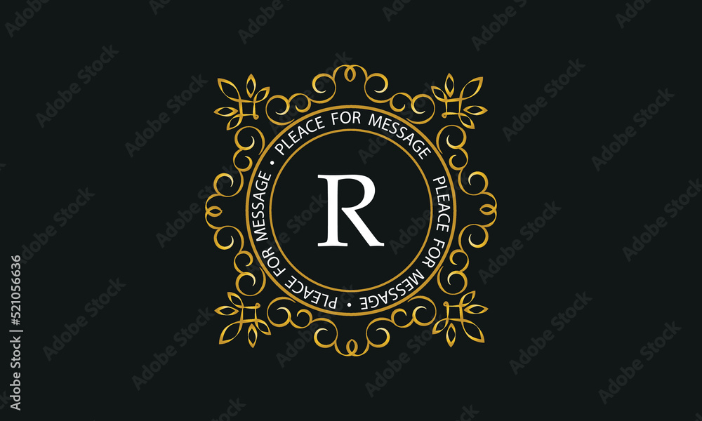 Luxury background of golden color and letter R. Template for design elements of ornament, label, logotype Luxury background of golden color and letter R. Template for design elements of ornament, label, logotype