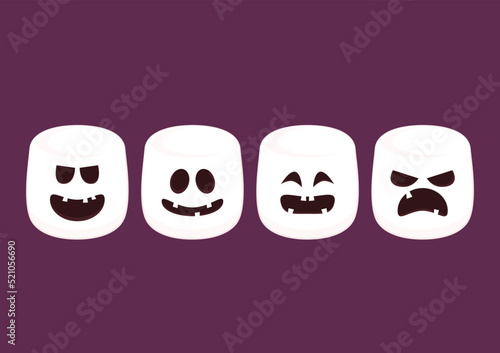 Marshmallow cartoon. marshmallow character design. Marshmallow in a with cute pumpkin face. Halloween dessert. Halloween party.