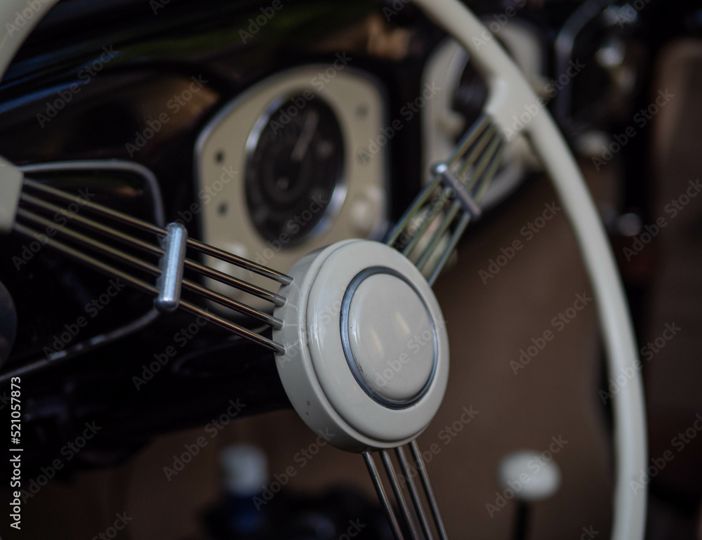 Dashboard and steering wheel of old-timer car Dashboard and steering wheel of old-timer car