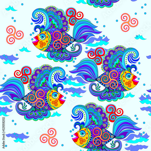 Seamless pattern ornament. Abstract background with beautiful fishes and Celtic triple spiral symbols. Fantasy decoration. Luxury ornate design for fabric, print, wallpaper. Vector illustration.