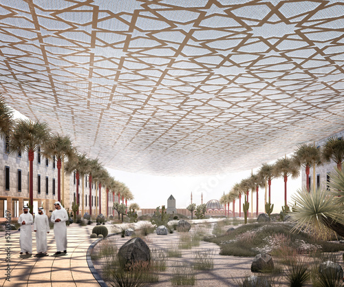 Latticed canopy walkway with palm trees and people