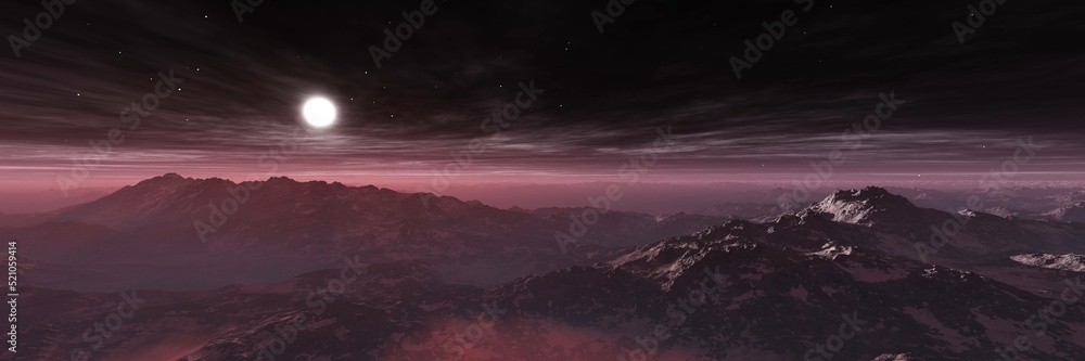 Sunset in a mountain landscape on Mars, martian sunrise, 3d rendering