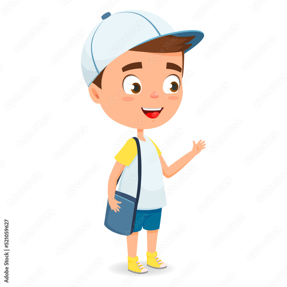 Schoolboy with with backpack . School time. Cute vector cartoon character for books, banners, certificate.