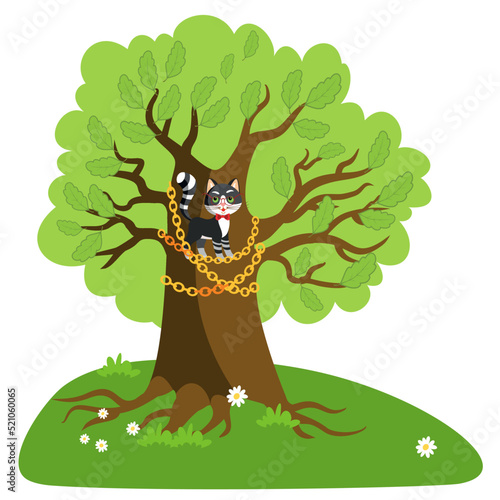 A magical Russian oak and a learned talking cat. Illustration to a classic Russian fairy tale