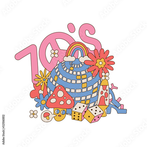 Isolated groovy hippie 70s sticker with funny cartoon different retro elements - mirror ball, rainbow, peace, mushroom. Retro psychedelic hand drwan vector illustration photo