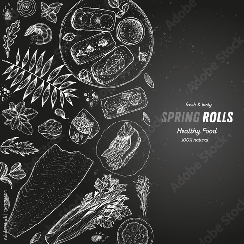Asian food menu design template. Spring rolls and ingredients for spring rolls vector illustration. Vietnamese food top view frame. Vintage hand drawn sketch vector illustration. Engraved image.