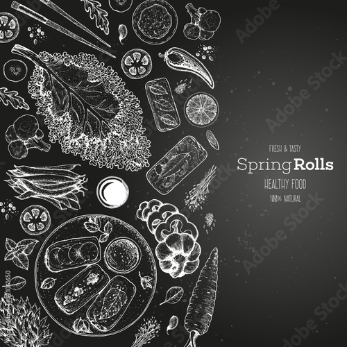 Asian food menu design template. Spring rolls and ingredients for spring rolls vector illustration. Vietnamese food top view frame. Vintage hand drawn sketch vector illustration. Engraved image.