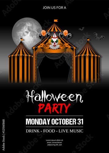 Halloween party background with black and orange circus and evil clown
