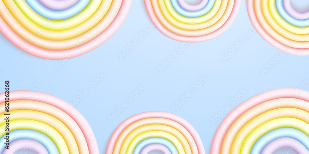 Fantasy cute rainbow arcs on blue background, template design for greeting card, poster, banner. Vector cartoon illustration.