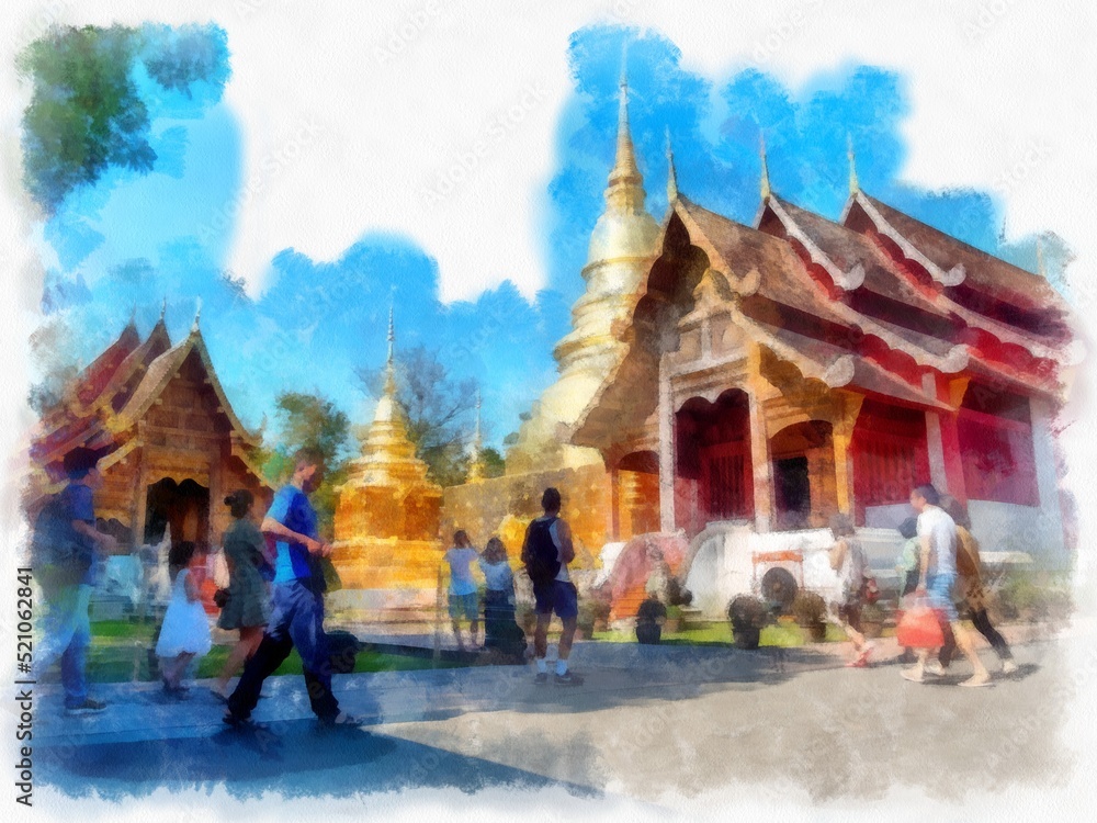 Ancient architecture of northern thailand watercolor style illustration impressionist painting.