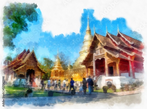 Ancient architecture of northern thailand watercolor style illustration impressionist painting.