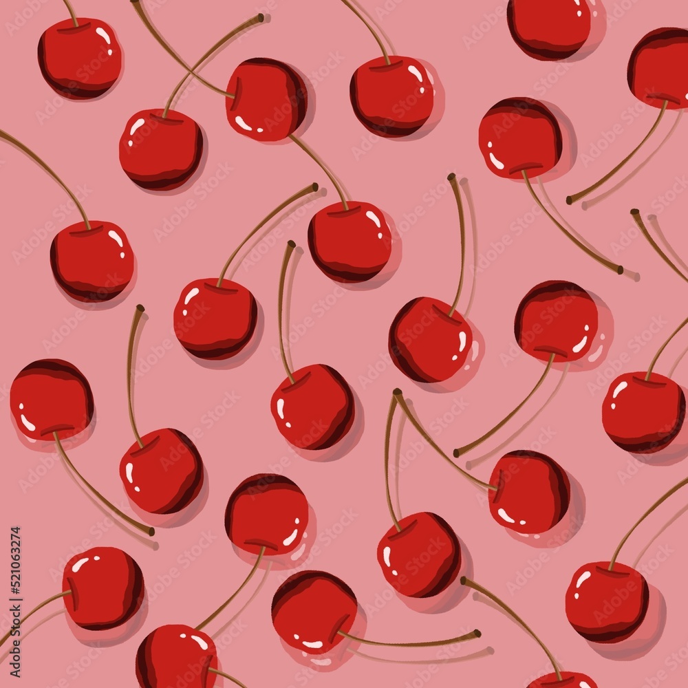 Bright cherry illustration on pink background.
Bright cherry illustration on pink background.