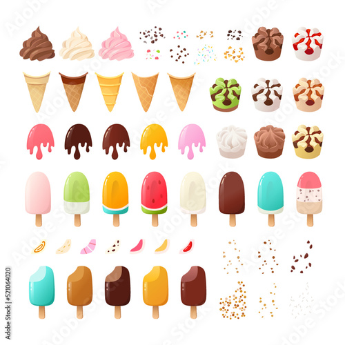 Elements to create your own ice pop and ice cream. Ice cones, cups, scoops and toppings. Isolated vector images