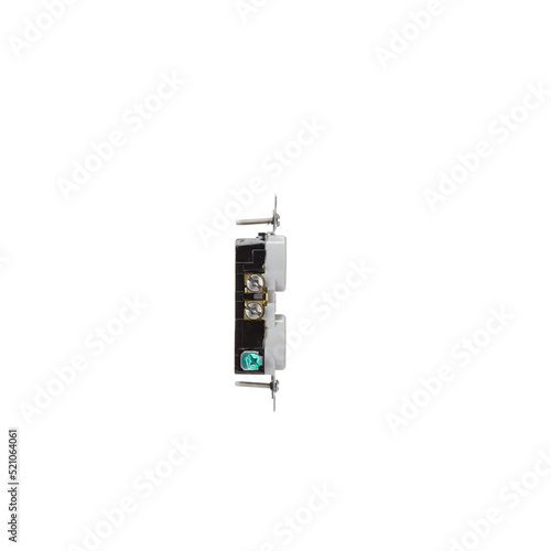 Grey, 15 amp, outlet, side view with grounding screw