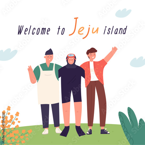 Welcome to Jeju island inscription with happy people, cartoon flat vector illustration. Haenyeo woman, tourist and market seller hugging and waving hands.