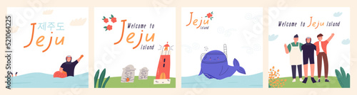 Set of posters with symbols of Jeju island in South Korea, cartoon flat vector illustrations. Cute childish whale swimming in sea. Haenyeo woman diving. Korean inscription of Jeju island.
