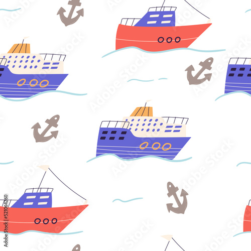 Cute cruise ship seamless pattern, cartoon flat vector illustration on white background. Boat swimming on waves in the sea. Childish pattern for kids nursery or clothes.