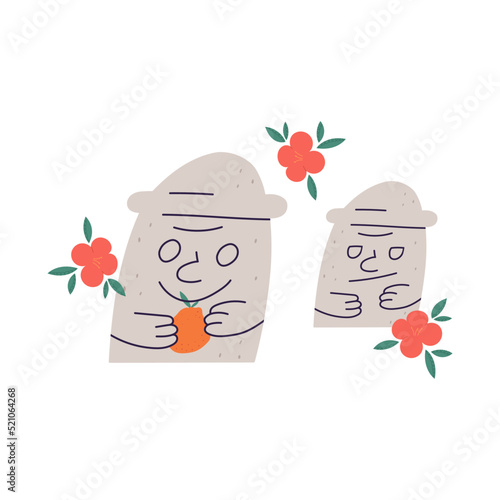 Cute Dol Hareubang stone statue, cartoon flat vector illustration isolated on white background. Happu statue holding dekopon tangerine and angry Hareubang. photo