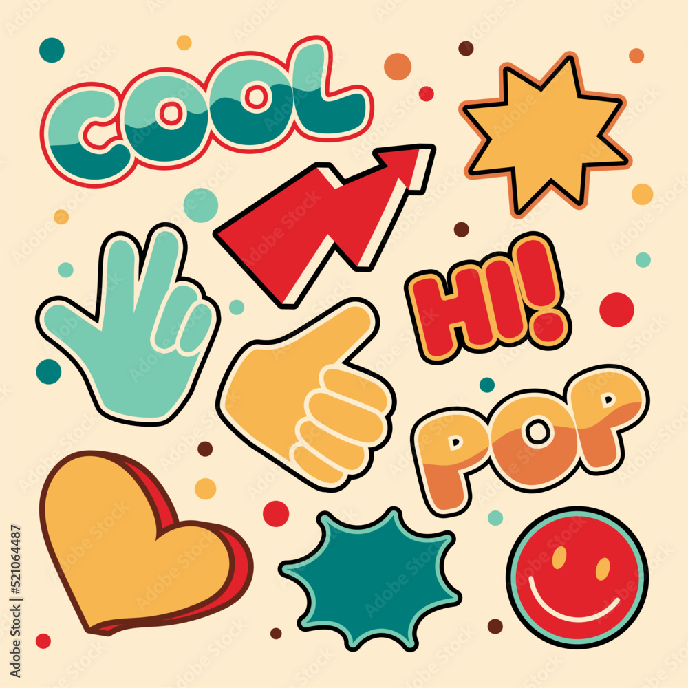 Collage banner retro pop of the 90s. Abstract background with inscriptions and stickers. Cool trendy vector design illustration. Collage banner retro pop of the 90s. Abstract background with inscriptions and stickers. Cool trendy vector design illustration.