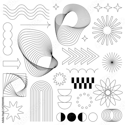 Aesthetic Y2K geometric shapes set. Retro futuristic elements kit for posters, cards and other design. Metaverse minimal vector stars, waves, sparkles, arrows. photo
