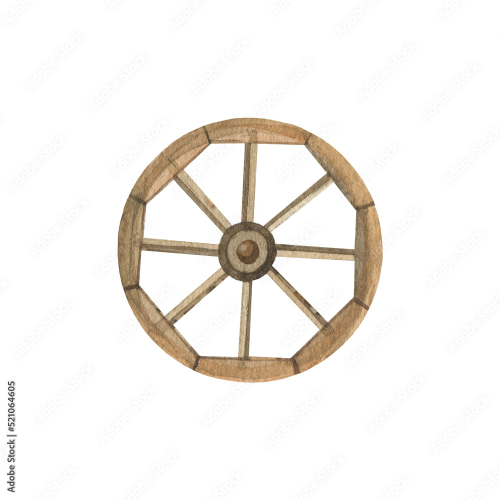 Old wooden wheel.   Watercolor hand-drawn illustration. Isolated object on a white background. Perfect for your design.