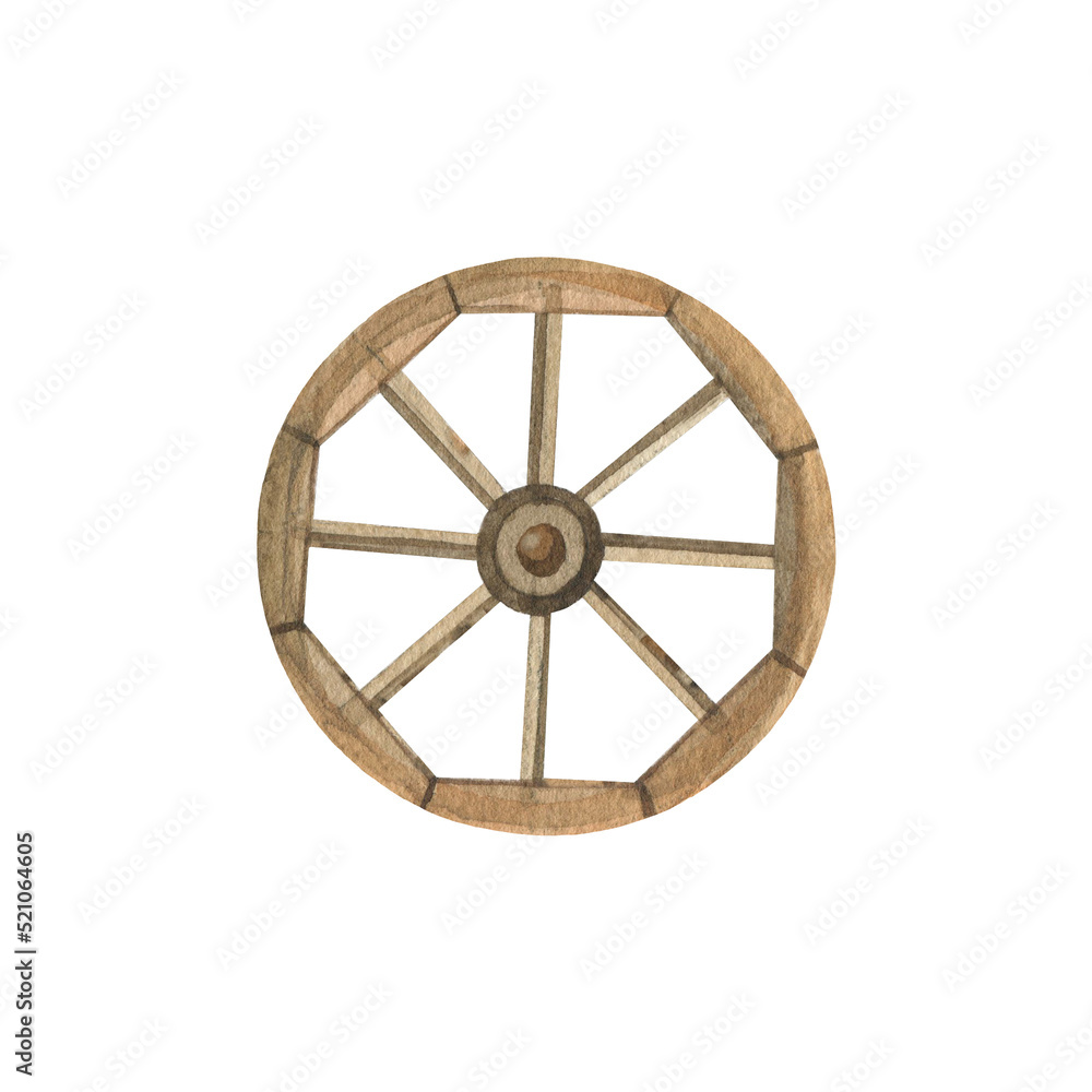 Old wooden wheel. Watercolor hand-drawn illustration. Isolated object on a white background. Perfect for your design. Old wooden wheel. Watercolor hand-drawn illustration. Isolated object on a white background. Perfect for your design.