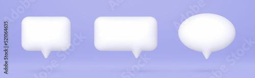 3d speech bubbles set, realistic white chat dialogue quotes, social media communication elements isolated on purple background. Vector illustration.