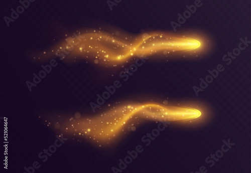 Golden light trail, magic stardust with haze and sparkles, realistic fireball. Fantasy game vfx effect, spell blast in motion isolated on dark background. Vector illustration.
