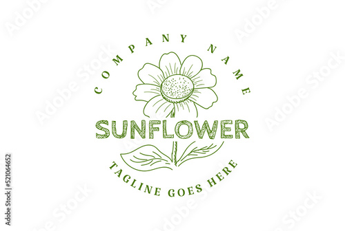 Retro Vintage Hand Drawn Sunflower Badge Emblem Label Logo Design