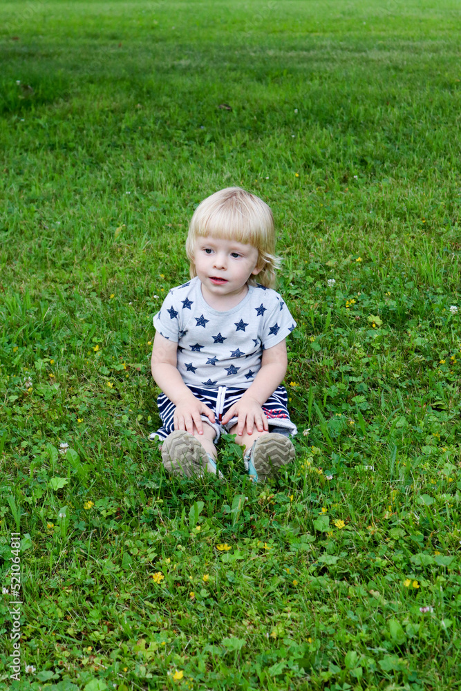 little cute blond boy sitting on the grass in the park and smiling little cute blond boy sitting on the grass in the park and smiling