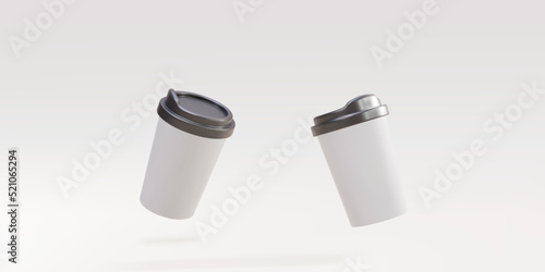 3d two white paper coffee cups on a grey background. Vector illustration.
