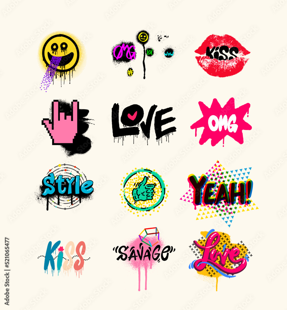 Collection of street graffiti lettering elements with grunge fonts. Vector urban savage spray paint art. Cool colorful teenage graffiti cartoon design. Creative colored writing with drips and blobs. Collection of street graffiti lettering elements with grunge fonts. Vector urban savage spray paint art. Cool colorful teenage graffiti cartoon design. Creative colored writing with drips and blobs.
