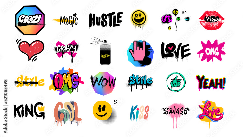 Set of street graffiti lettering elements with grunge fonts. Vector urban savage spray paint art. Cool colorful teenage graffiti cartoon design. Creative colored writing with drips and blobs.