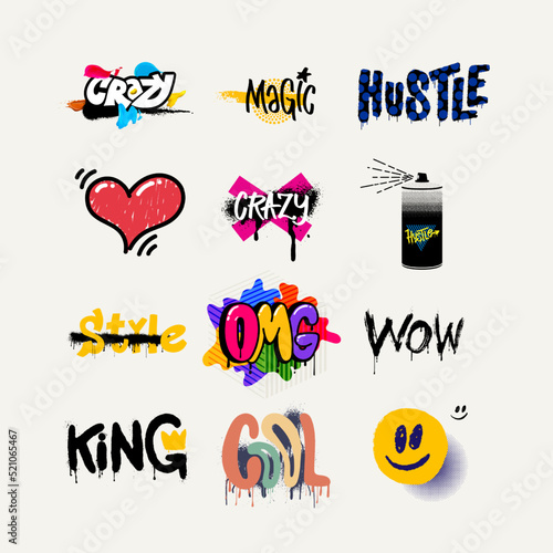 Collection of street graffiti lettering elements with grunge fonts. Vector urban savage spray paint art. Creative colored writing with drips and blobs. Cool colorful teenage graffiti cartoon design.
