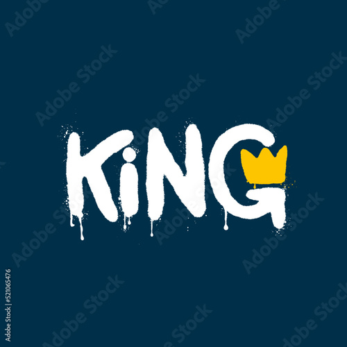 Inscription spray painted-King. Street graffiti lettering with grunge fonts. Urban savage spray paint art. Cool teenage graffiti cartoon design vector. Creative black and white writing with drips.
