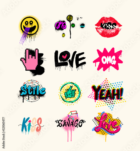 Collection of street graffiti lettering elements with grunge fonts. Vector urban savage spray paint art. Cool colorful teenage graffiti cartoon design. Creative colored writing with drips and blobs. photo